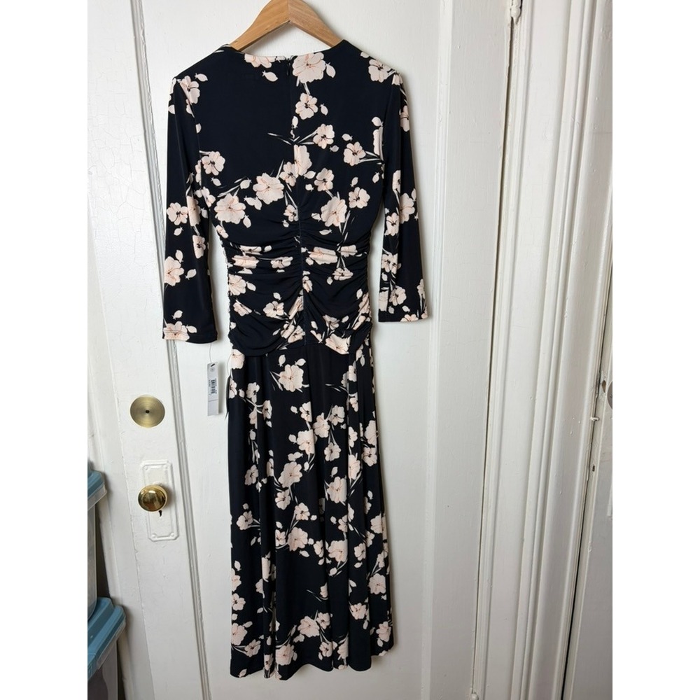Maggy London Floral Ruched Midi Dress Black Coral Size 0 NEW - Picture 6 of 7